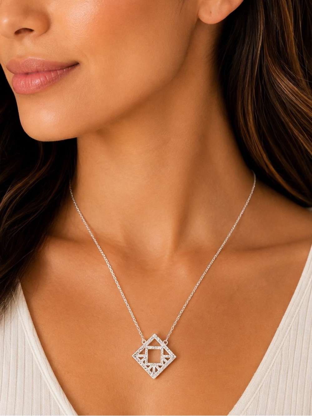 LUXE Silver Tone Geometric Pendant Necklace Modern Open Square Diamond Shape